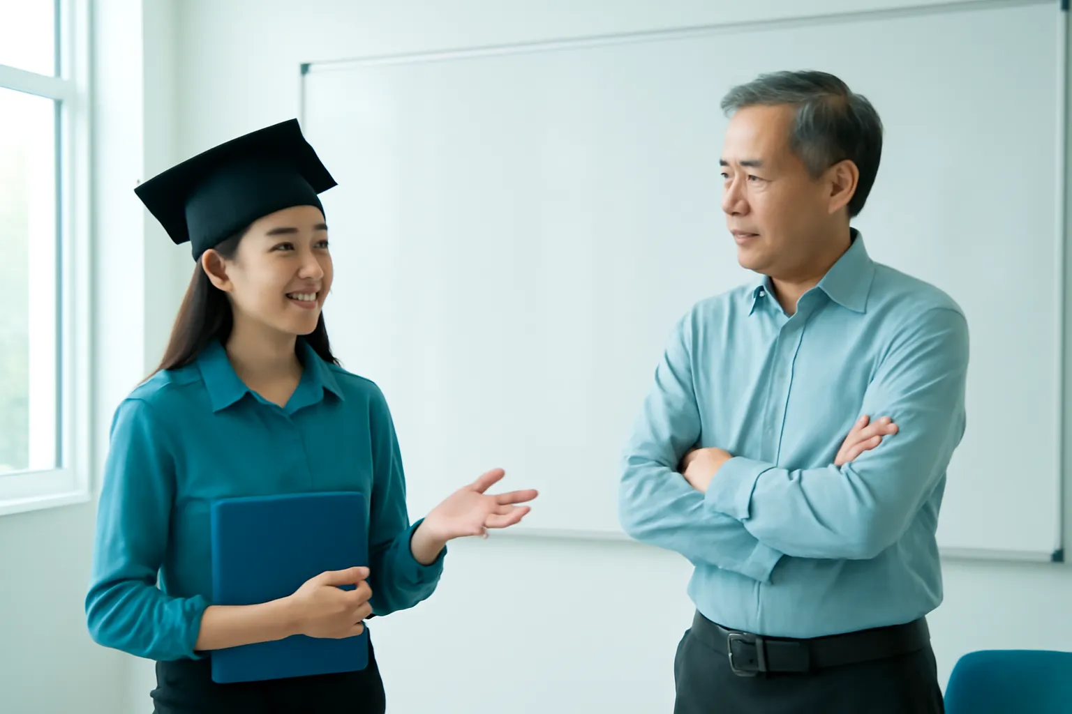 Hai người đứng trước bảng trắng trống, một người khoanh tay lắng nghe