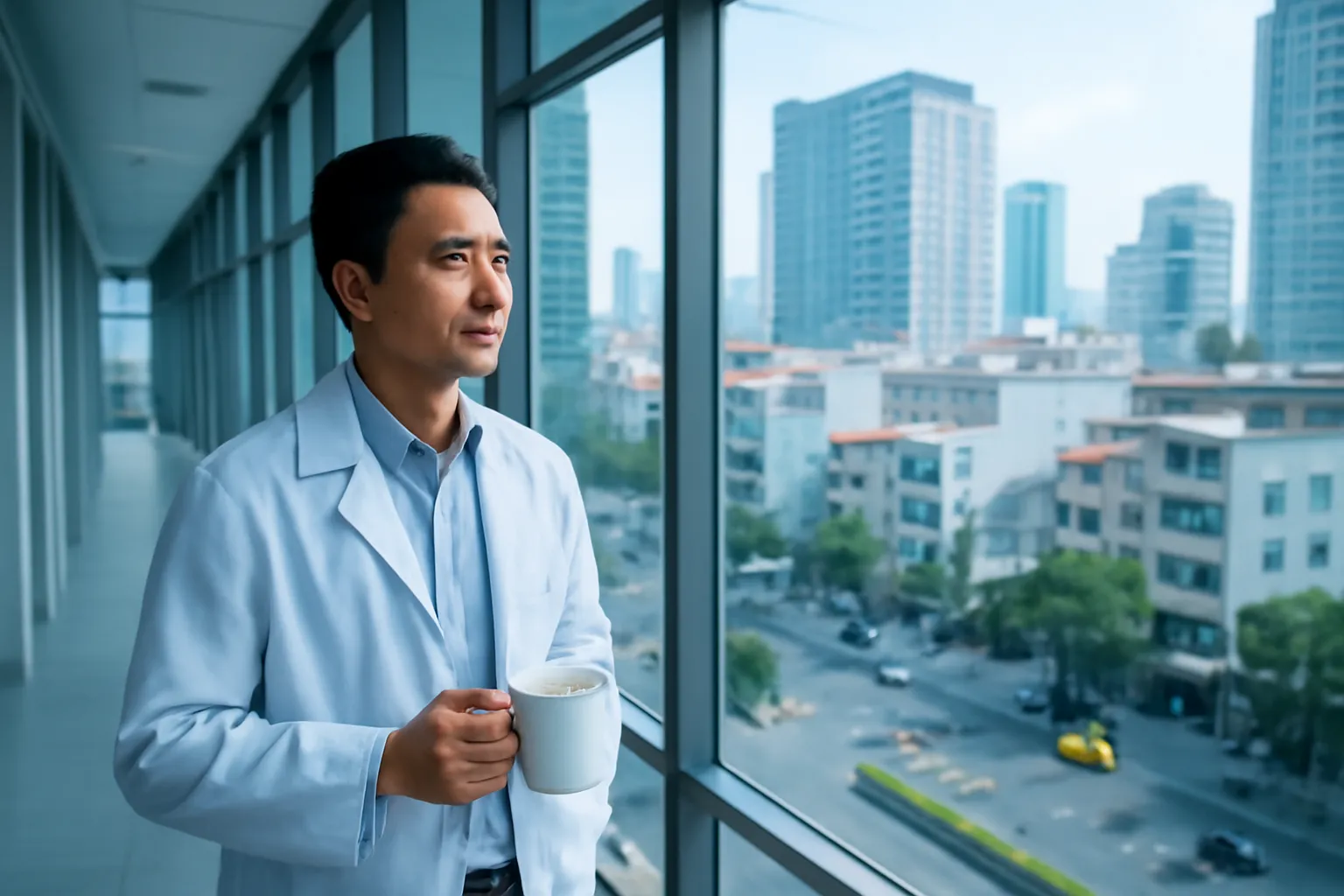 Nhà nghiên cứu đứng ở hành lang tầng cao nhìn ra phố, tay cầm cốc