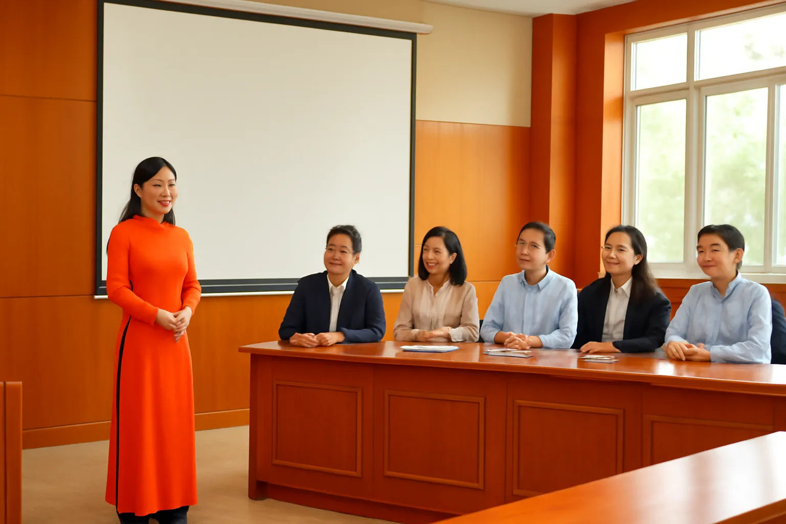 Người trình bày đứng cạnh màn chiếu trống, hội đồng ngồi bàn dài trong hội trường nhỏ