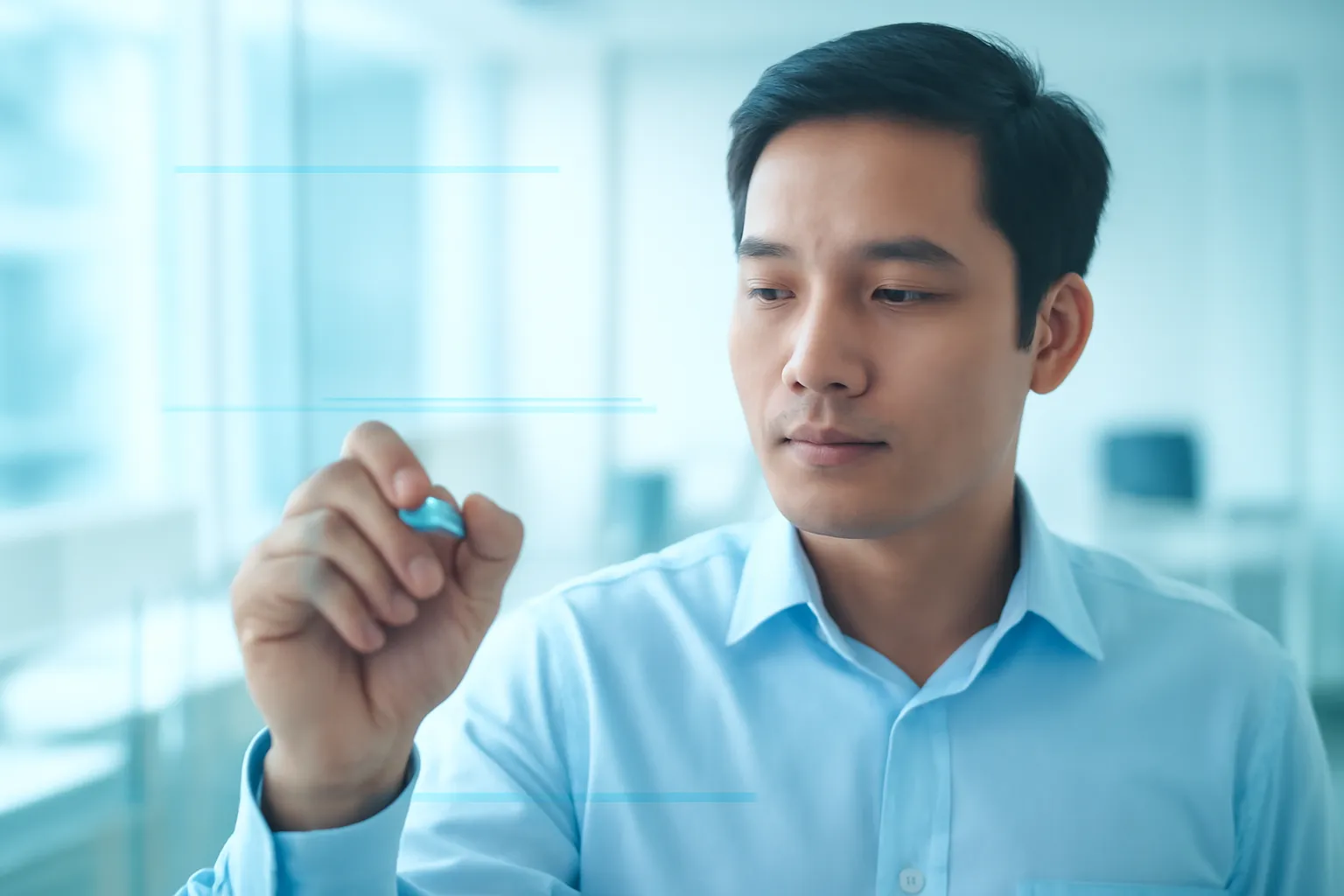 Bàn tay viết lên tấm bảng kính trong, người đứng mờ phía sau