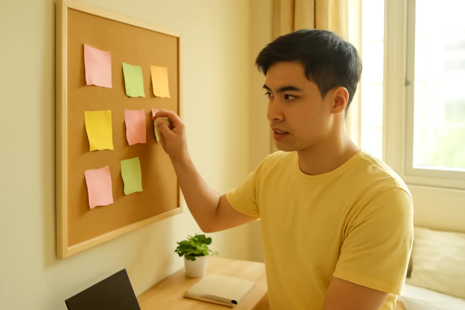 Học viên dán những thẻ giấy trống lên bảng ghim trong phòng trọ nhỏ
