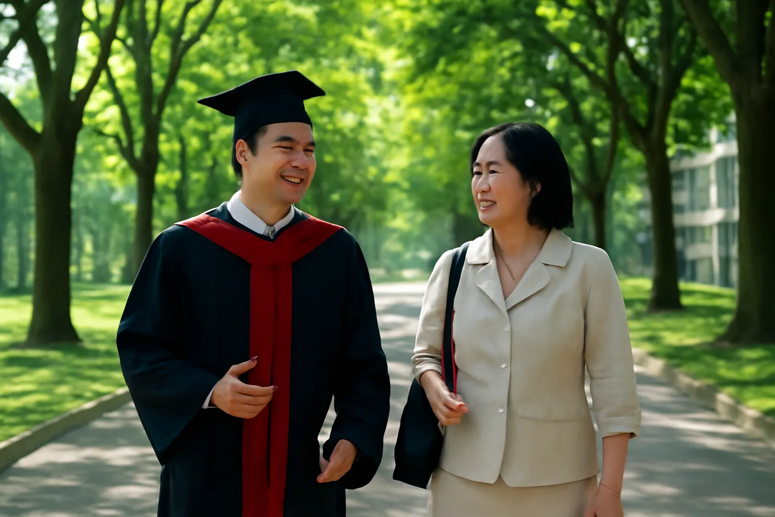 Học viên và cô giáo đi bộ trò chuyện dưới hàng cây trong sân trường