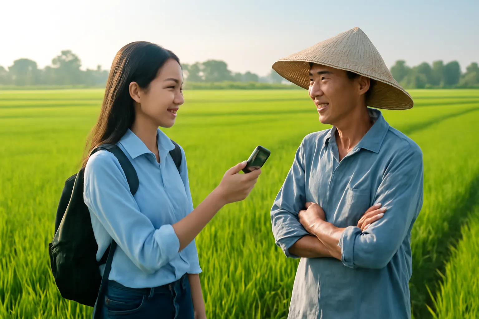 Học viên phỏng vấn người nông dân bên bờ ruộng lúa xanh