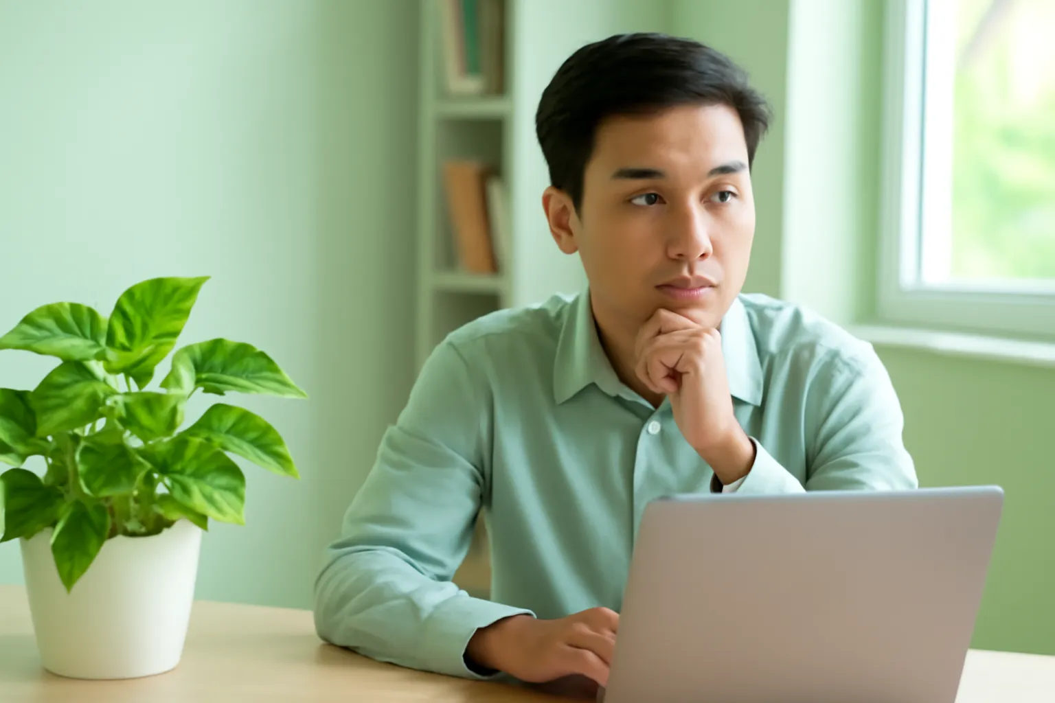 Giảng viên trẻ ngồi bàn phòng khoa, máy tính quay đi, bên cạnh chậu cây xanh