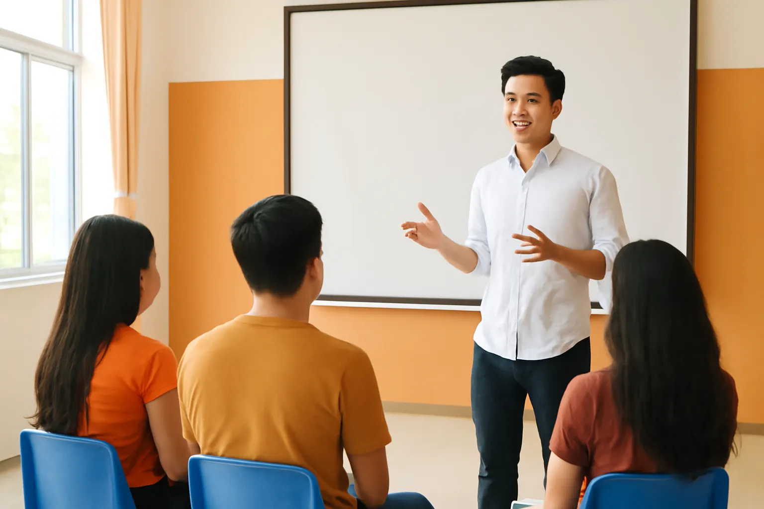 Học viên đứng tập thuyết trình trước ba người bạn ngồi ghế nhựa trong phòng học