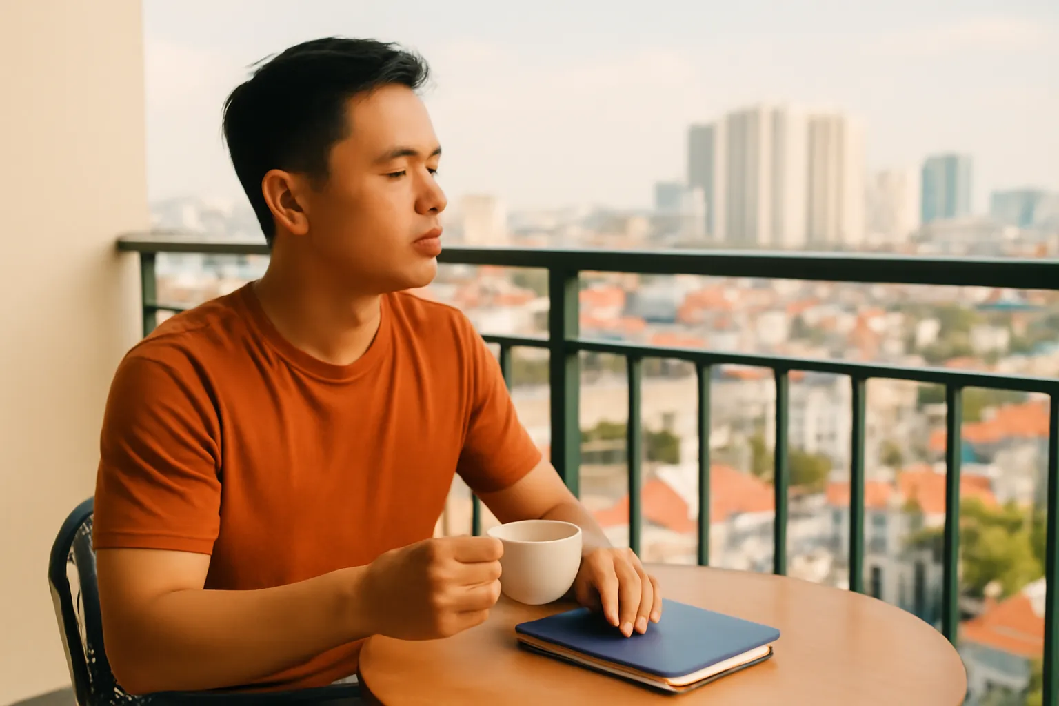 Người đàn ông ngồi ban công căn hộ với cốc trà, nhìn ra thành phố buổi chiều