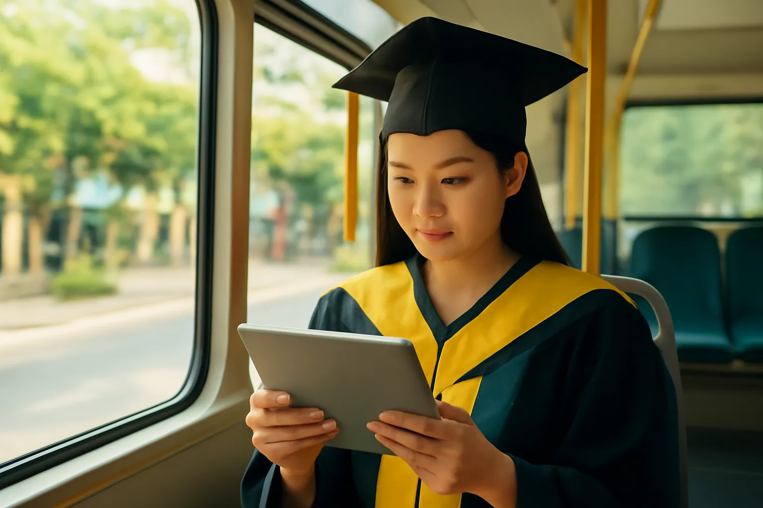 Sinh viên đọc máy tính bảng trên xe buýt buổi sáng