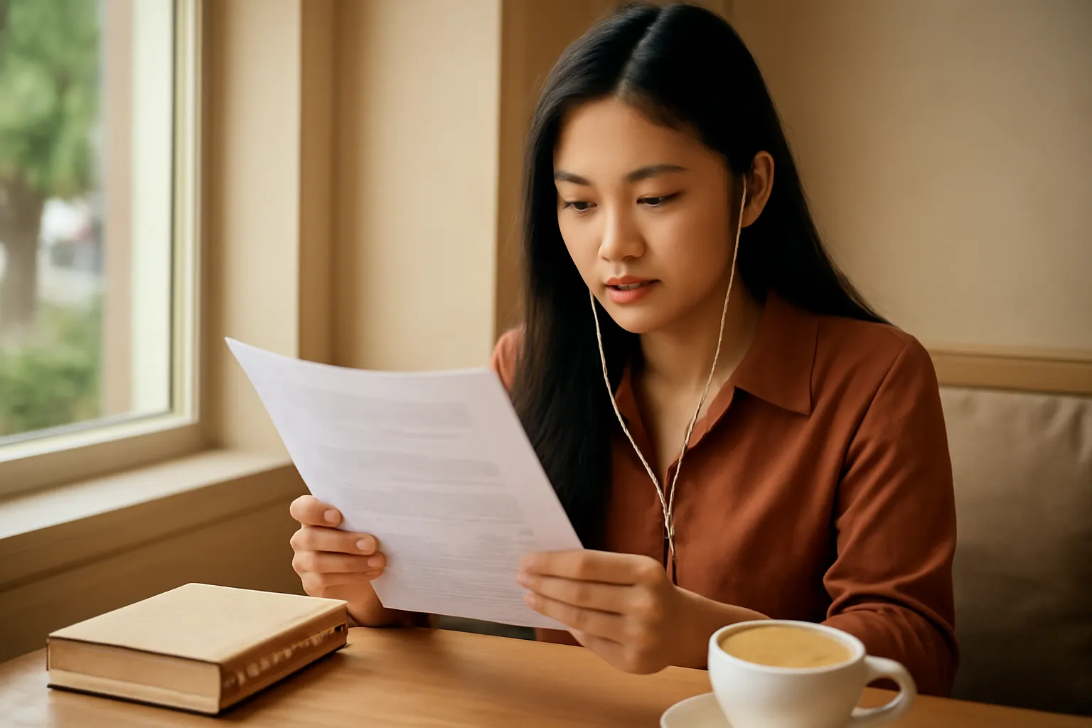 Cô gái đọc tài liệu trong quán cà phê góc cửa sổ, đeo tai nghe