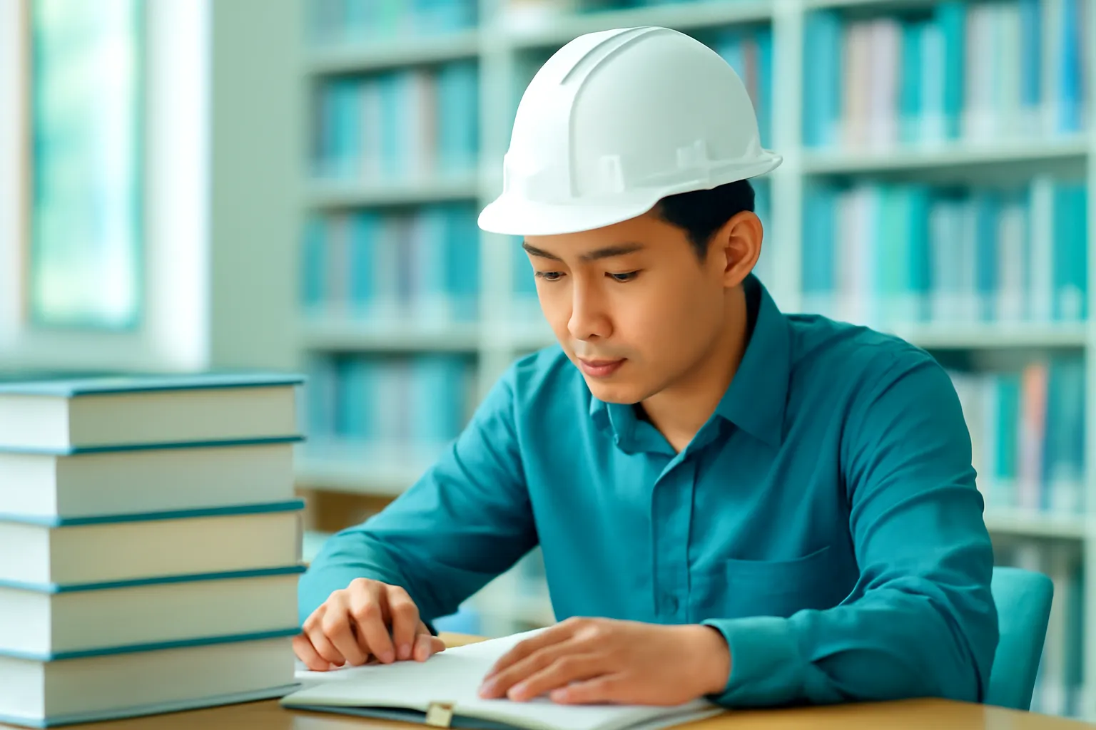 Anh kỹ sư ngồi trong thư viện cạnh chồng sách của một ngành khác