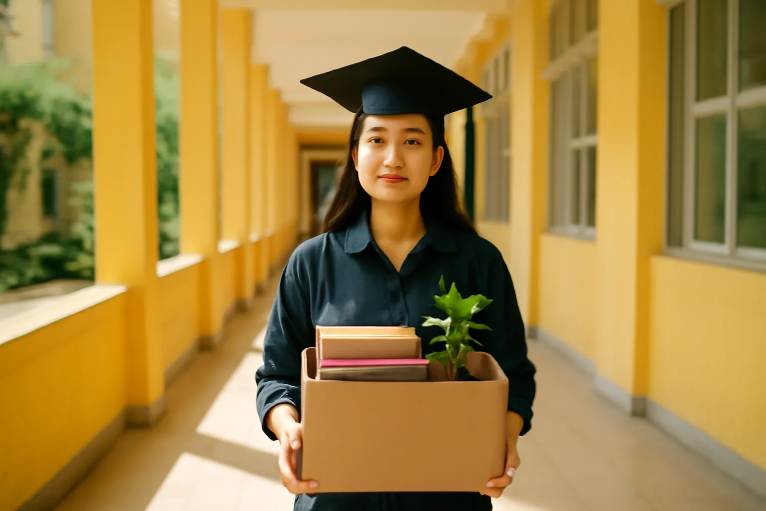 Cô nghiên cứu sinh ôm thùng giấy đựng sách đi dọc hành lang sáng