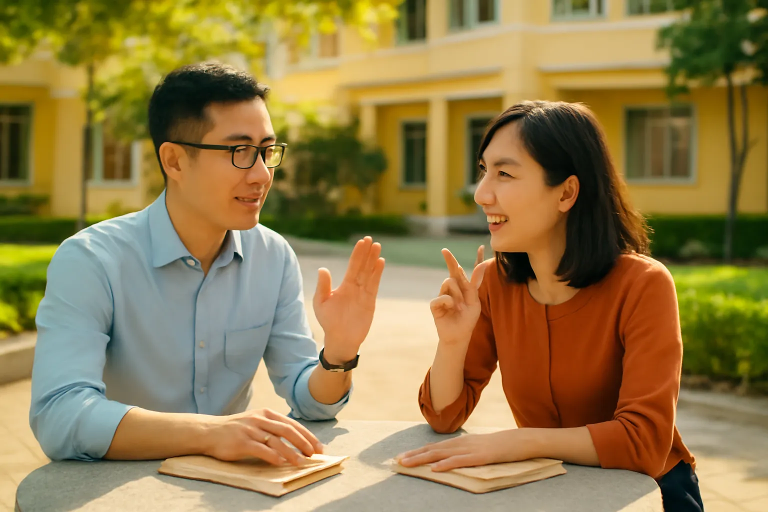 Hai nghiên cứu sinh trò chuyện sôi nổi bên bàn đá ngoài sân viện nghiên cứu