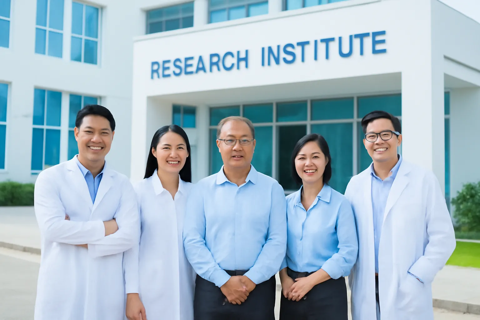 Nhóm năm nhà nghiên cứu đứng chụp ảnh chung trước toà nhà viện