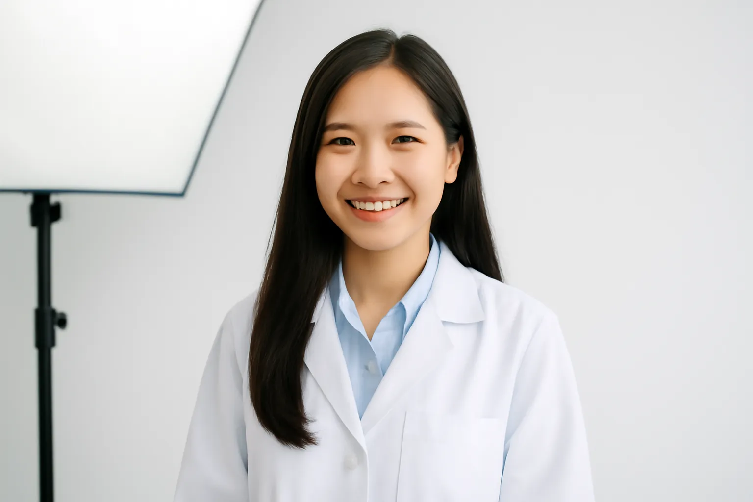 Cô tiến sĩ trẻ ngồi chụp ảnh chân dung trong studio nhỏ nền trắng