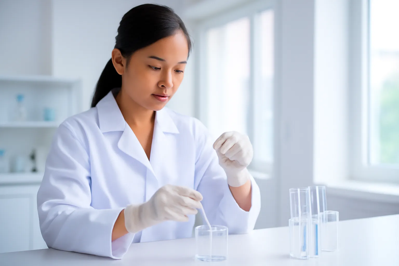 Nghiên cứu sinh đang pha dung dịch trong phòng thí nghiệm sáng sủa