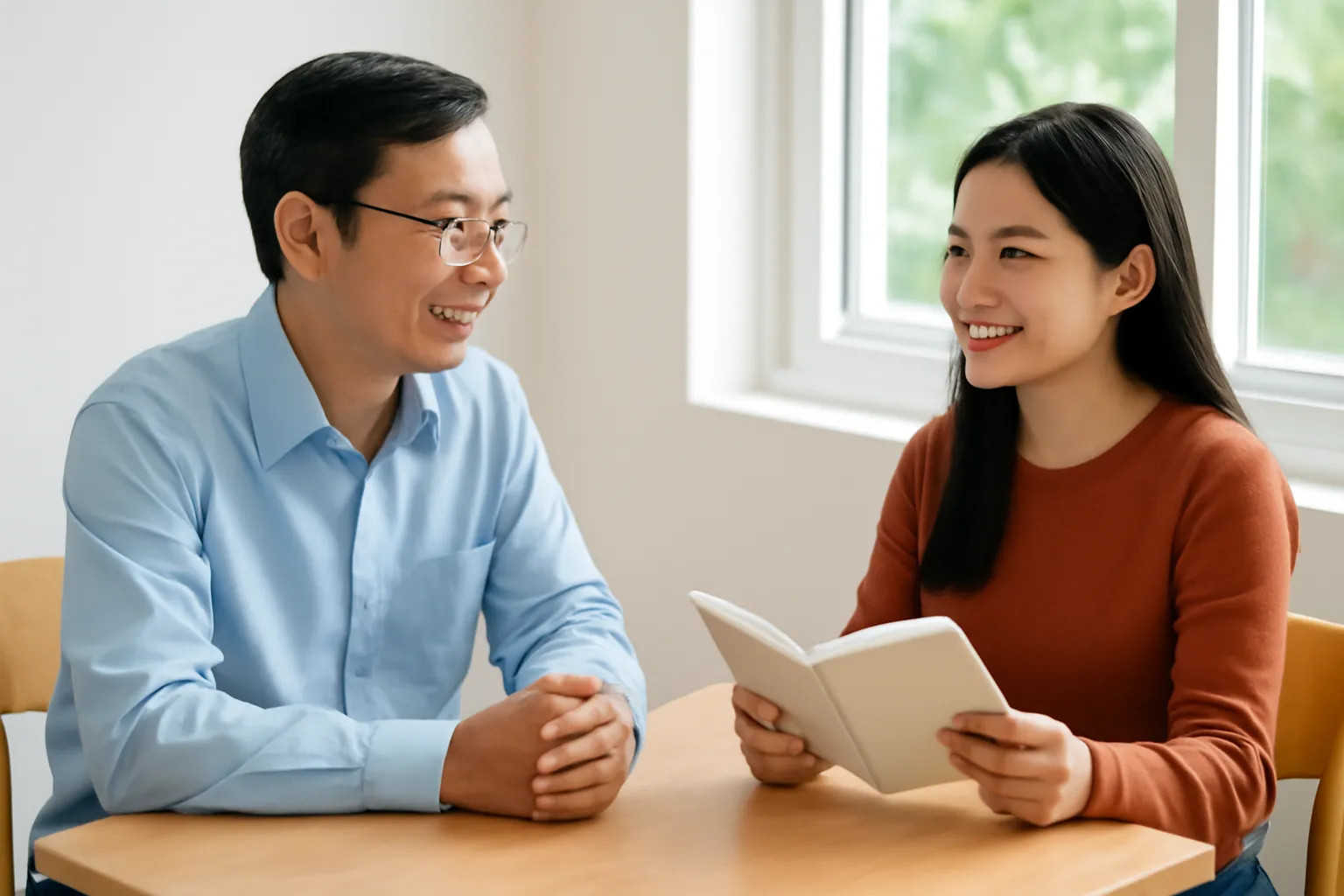 Thầy và trò ngồi hai bên bàn nhỏ cạnh cửa sổ sáng, trò cầm sổ ghi chép