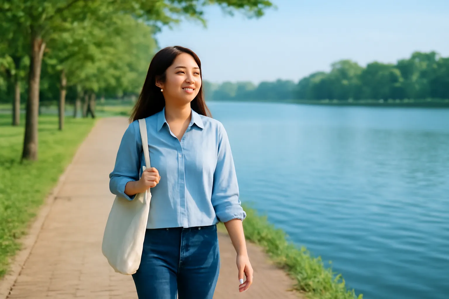 Cô nghiên cứu sinh đi bộ ven hồ buổi sáng, vai đeo túi vải