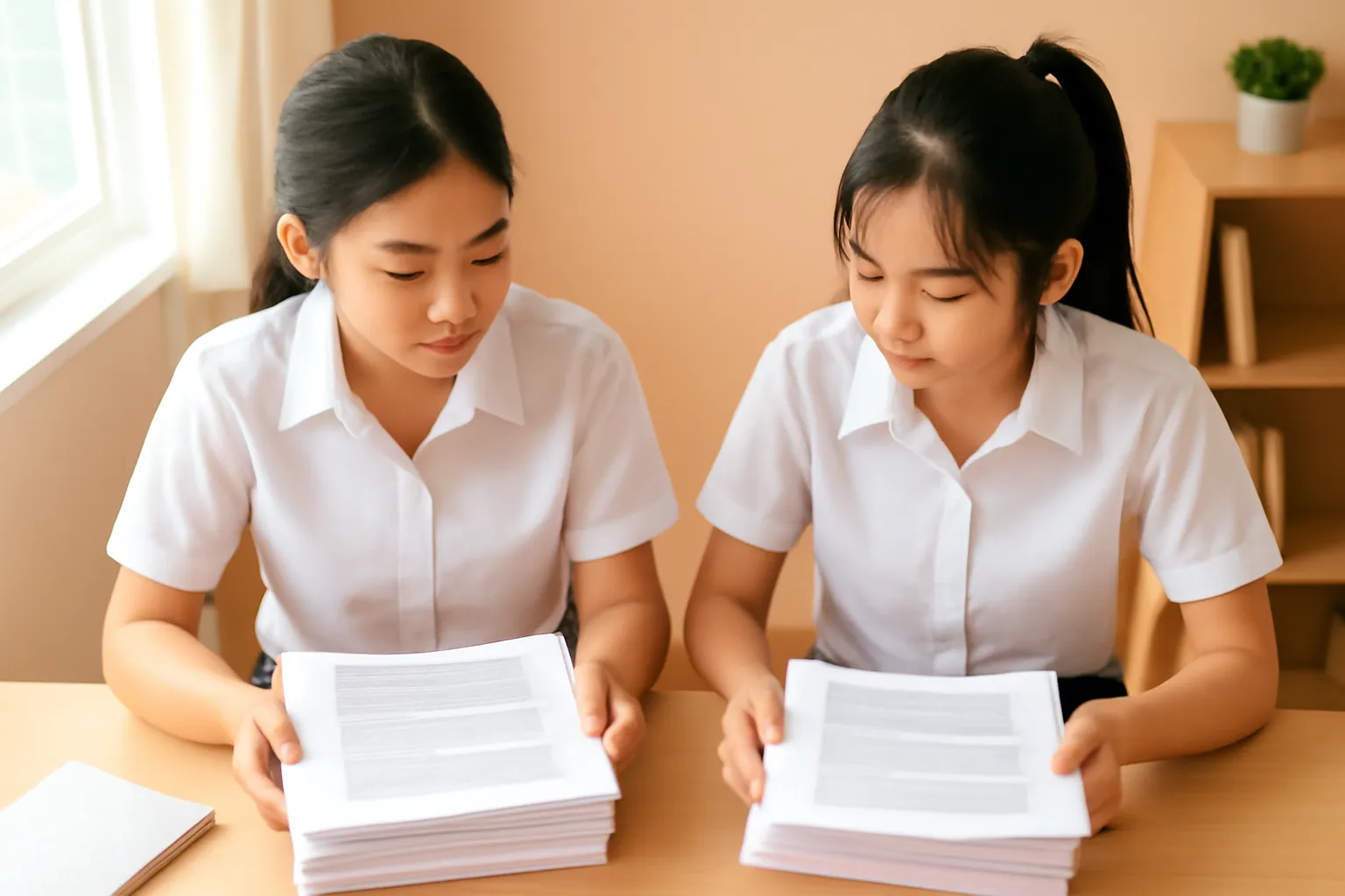 Hai cô bạn so sánh hai xấp bản in trên bàn ký túc xá
