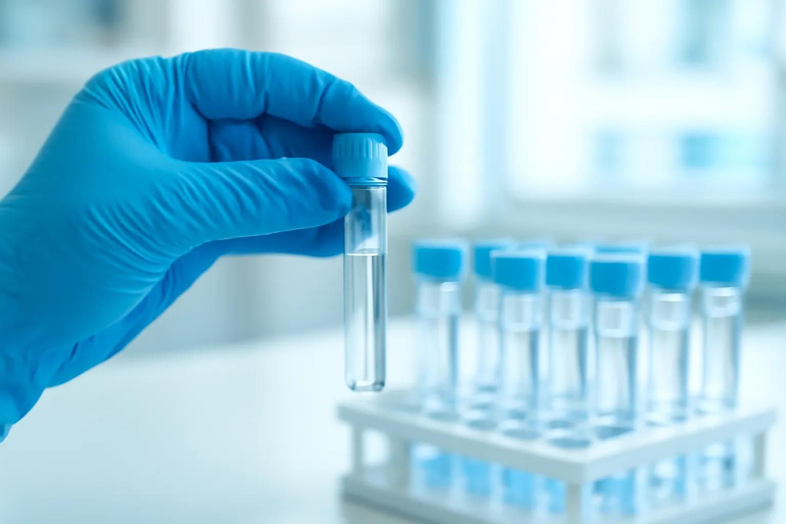 Bàn tay đeo găng xanh cầm ống nghiệm trước giá mẫu trong phòng thí nghiệm