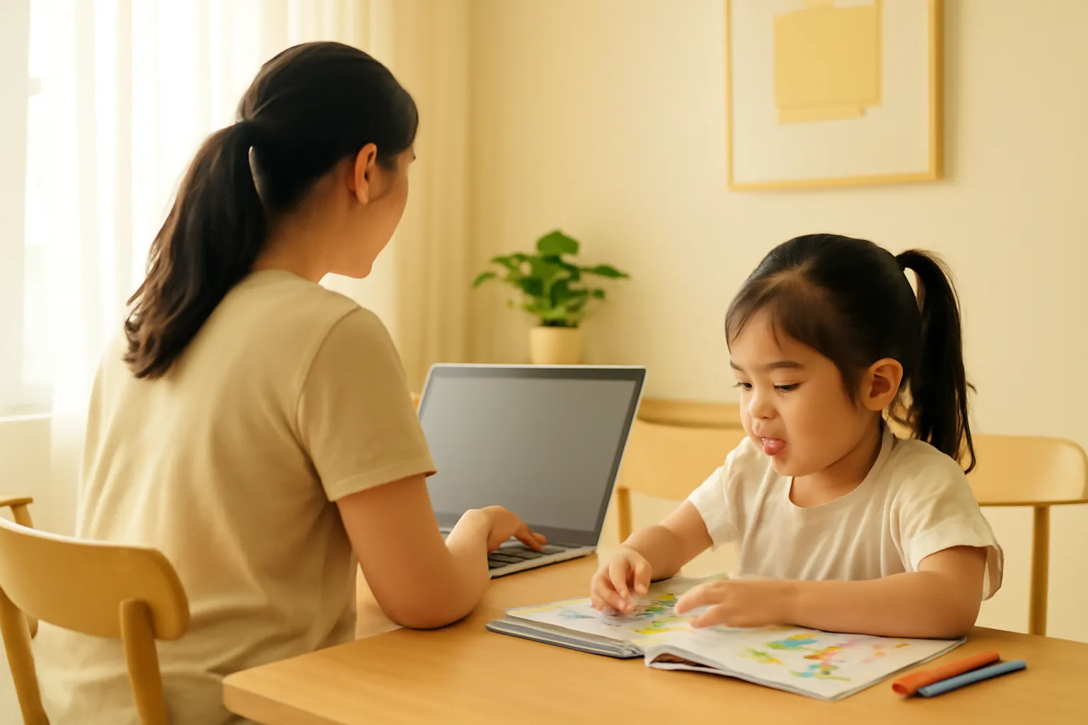 Người mẹ làm việc trên laptop bên bàn ăn, bé con ngồi tô màu cạnh bên