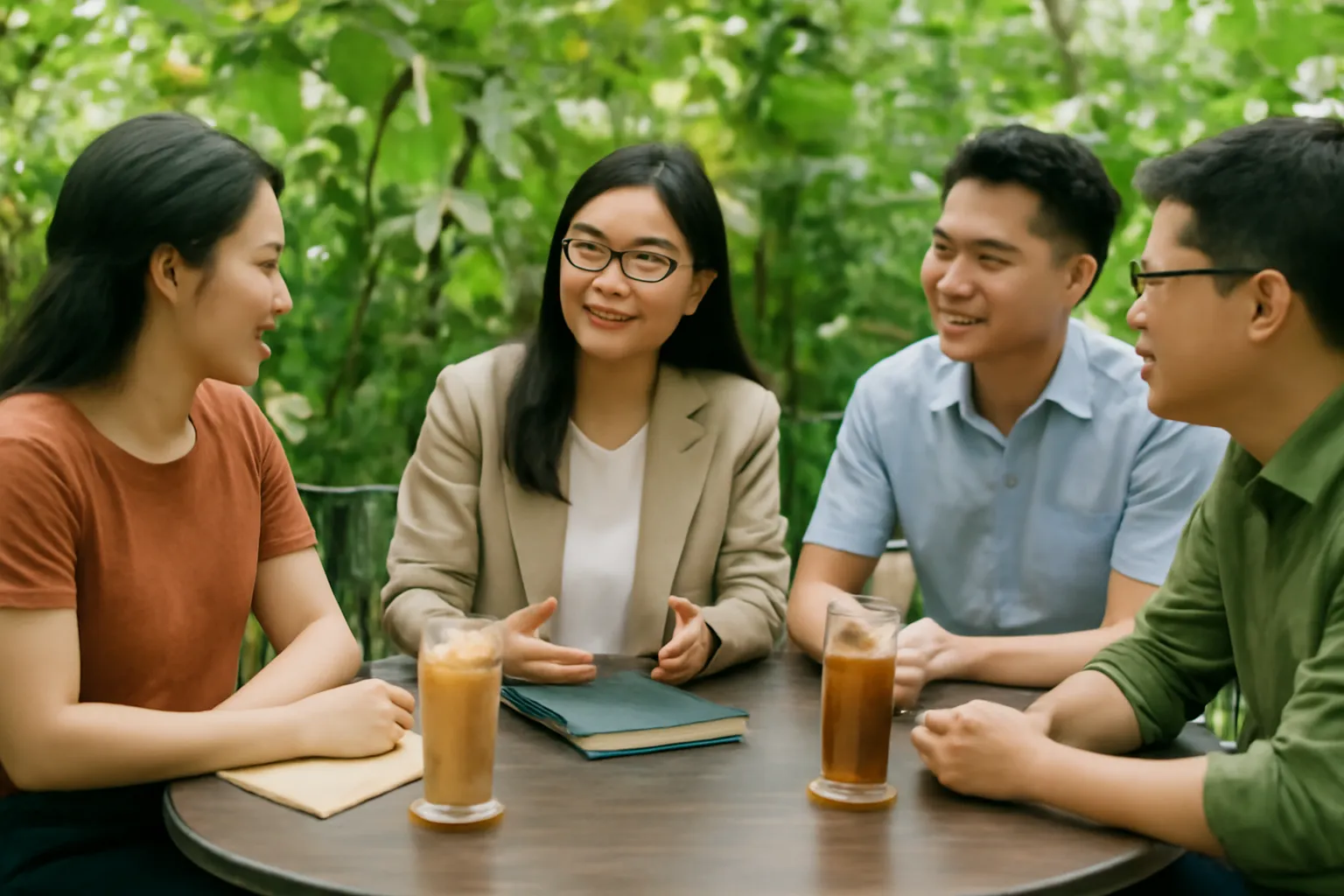 Giảng viên trẻ ngồi cùng ba học viên quanh bàn tròn quán cà phê sân vườn
