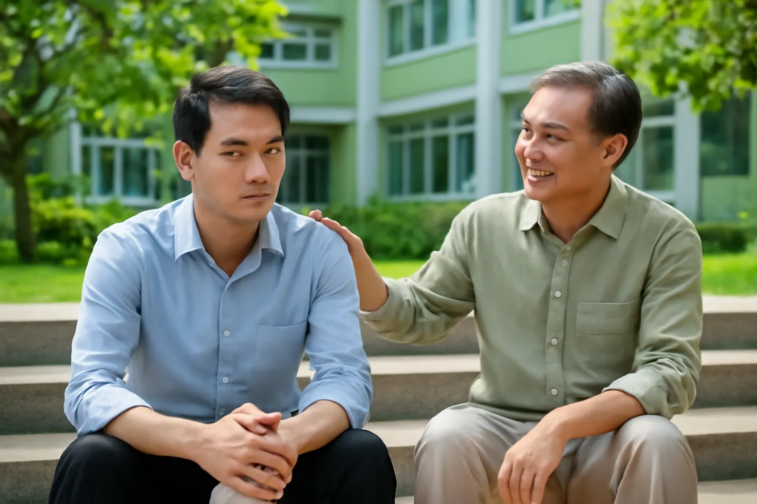 Giảng viên trẻ ngồi bậc thềm khuôn viên trường, đồng nghiệp đặt tay lên vai