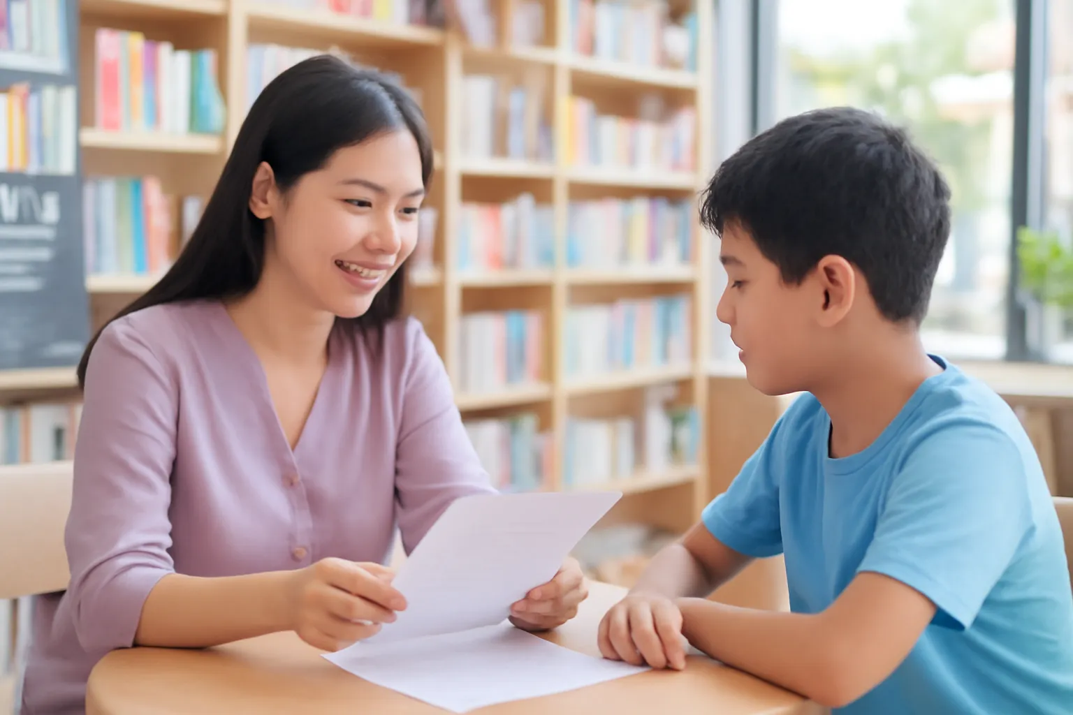 Cô giảng viên ngồi đối diện học viên sửa bản in trên bàn tròn quán sách