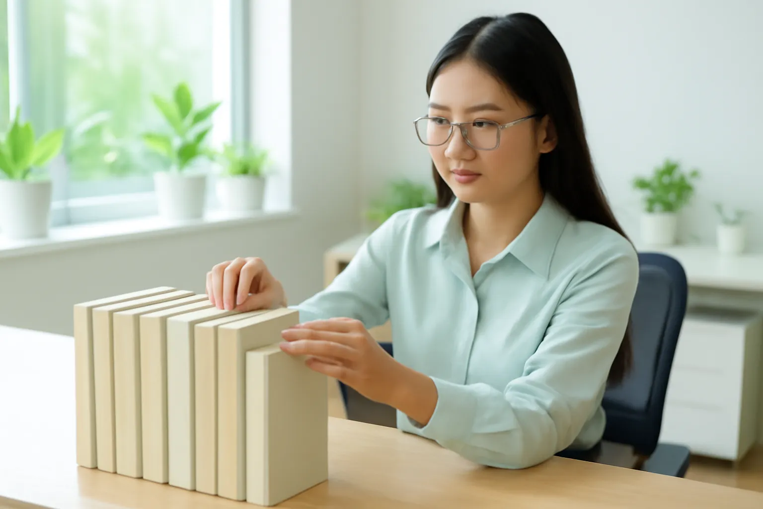 Nghiên cứu sinh trẻ xếp sách lên kệ bàn làm việc mới trong phòng thí nghiệm sáng