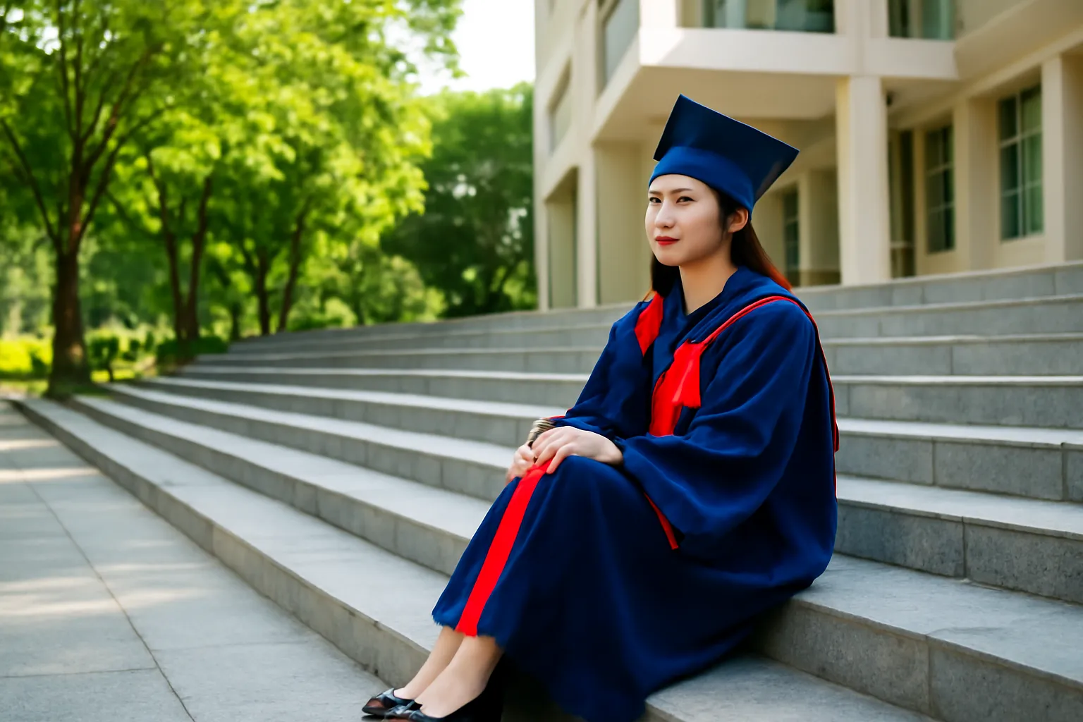 Cô gái mặc áo cử nhân ngồi trên bậc thềm sân trường nhìn ra xa