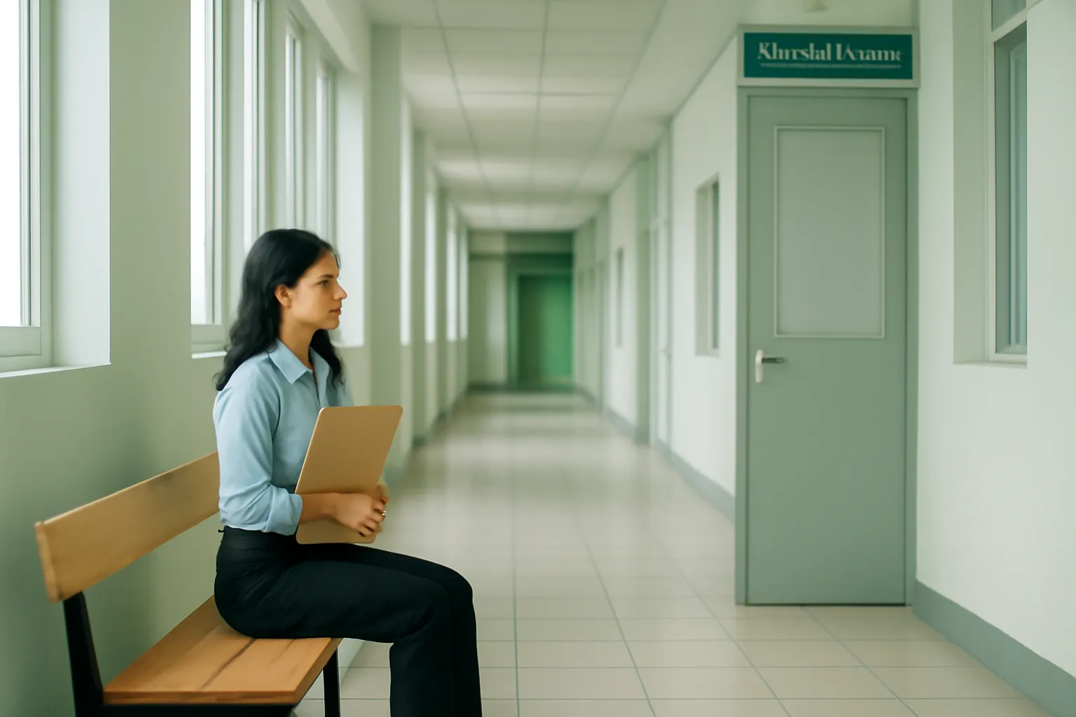 Nghiên cứu sinh ngồi chờ trên băng ghế hành lang khoa, cửa phòng phía trước đóng