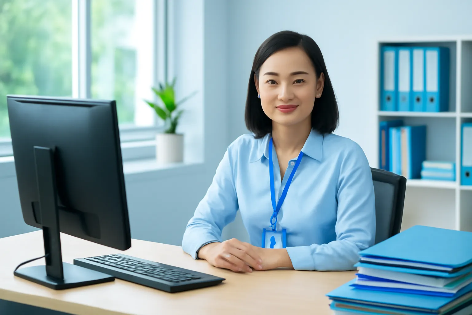 Cán bộ đào tạo ngồi bàn phòng sau đại học, màn hình quay đi, chồng hồ sơ bên cạnh