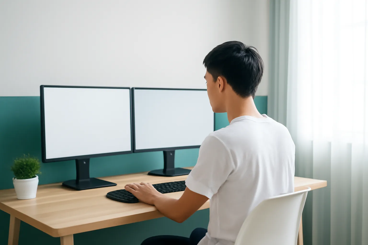 Chàng trai làm việc với hai màn hình quay đi ở góc học tập tối giản