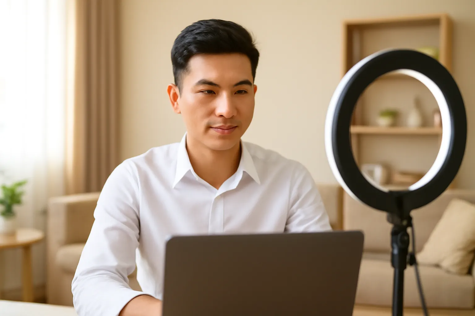 Chàng trai mặc sơ mi ngồi thẳng trước laptop quay đi, đèn tròn chiếu sáng