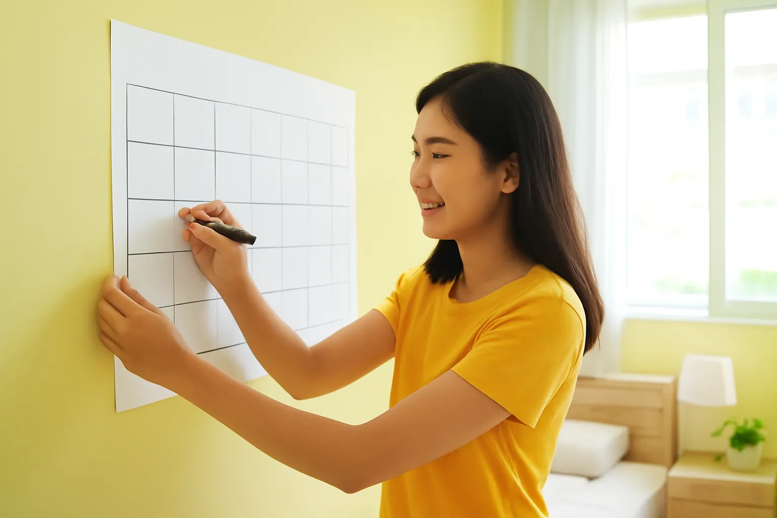 Cô gái dán tờ lịch giấy trống lên tường phòng trọ, tay cầm bút dạ