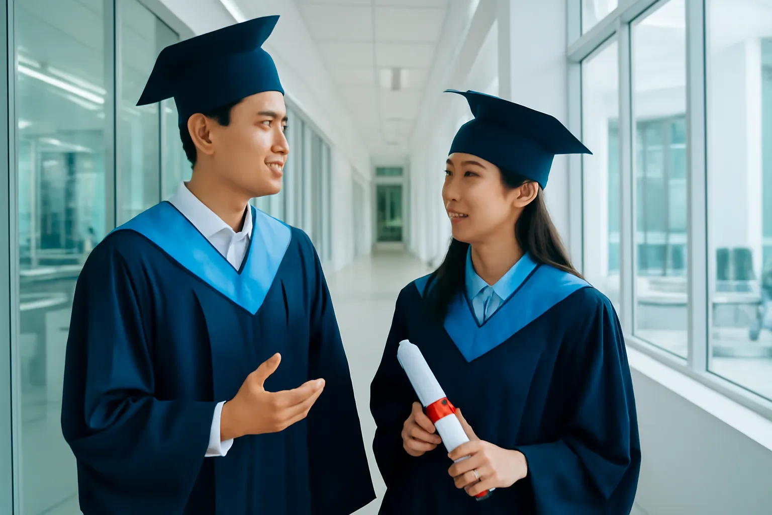 Hai người trẻ đứng giữa hành lang trường, một bên phòng thí nghiệm, một bên văn phòng