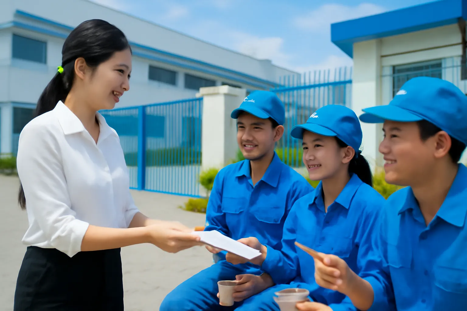 Cô gái phát phiếu khảo sát giấy cho công nhân giờ nghỉ trưa trước cổng xưởng
