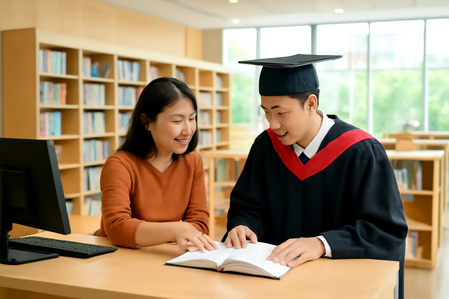 Thủ thư trẻ hướng dẫn học viên bên quầy thư viện hiện đại