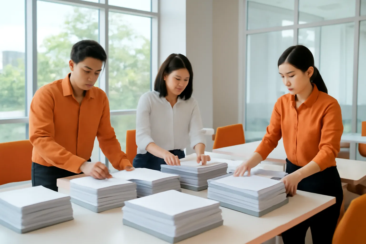 Ba người chia chồng tài liệu vào nhiều khay trên bàn dài trong phòng họp kính