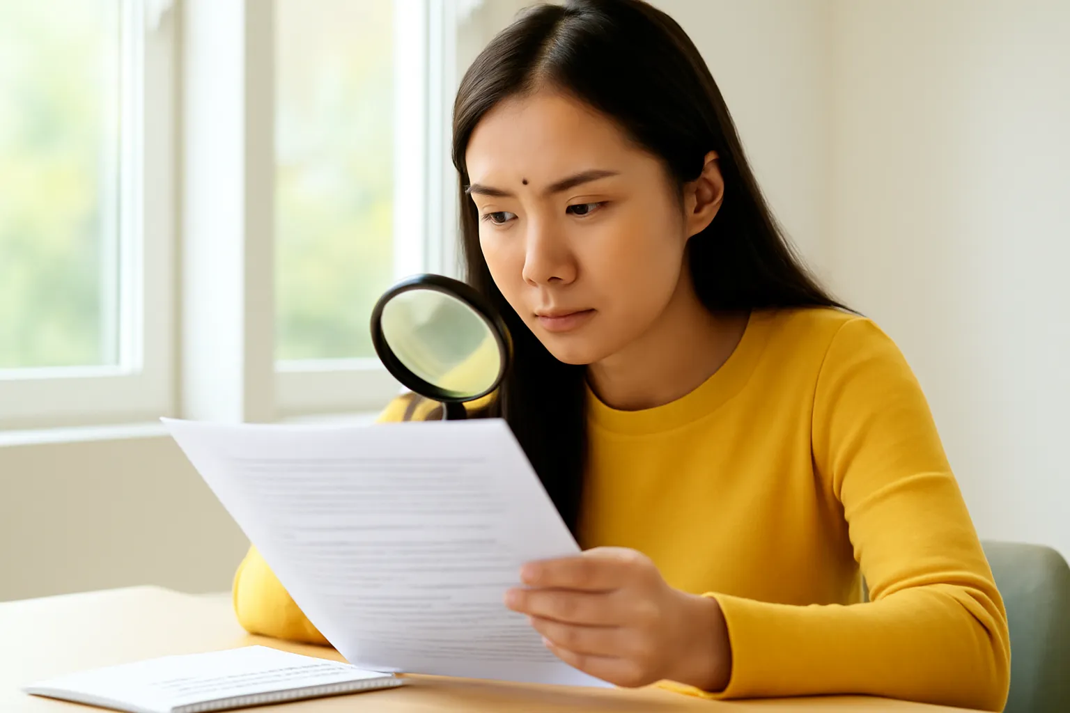 Cô nhà nghiên cứu cầm kính lúp soi tờ giấy in mờ bên bàn cửa sổ