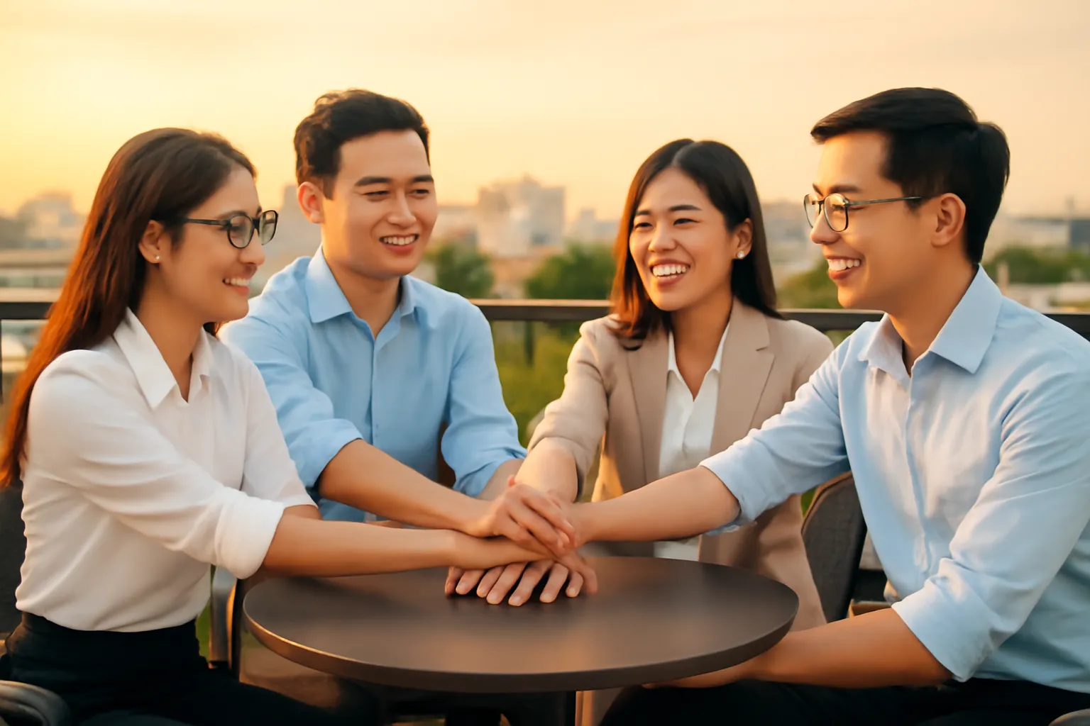 Nhóm bốn người ngồi quanh bàn cà phê sân thượng, bàn tay đan chéo đặt giữa bàn