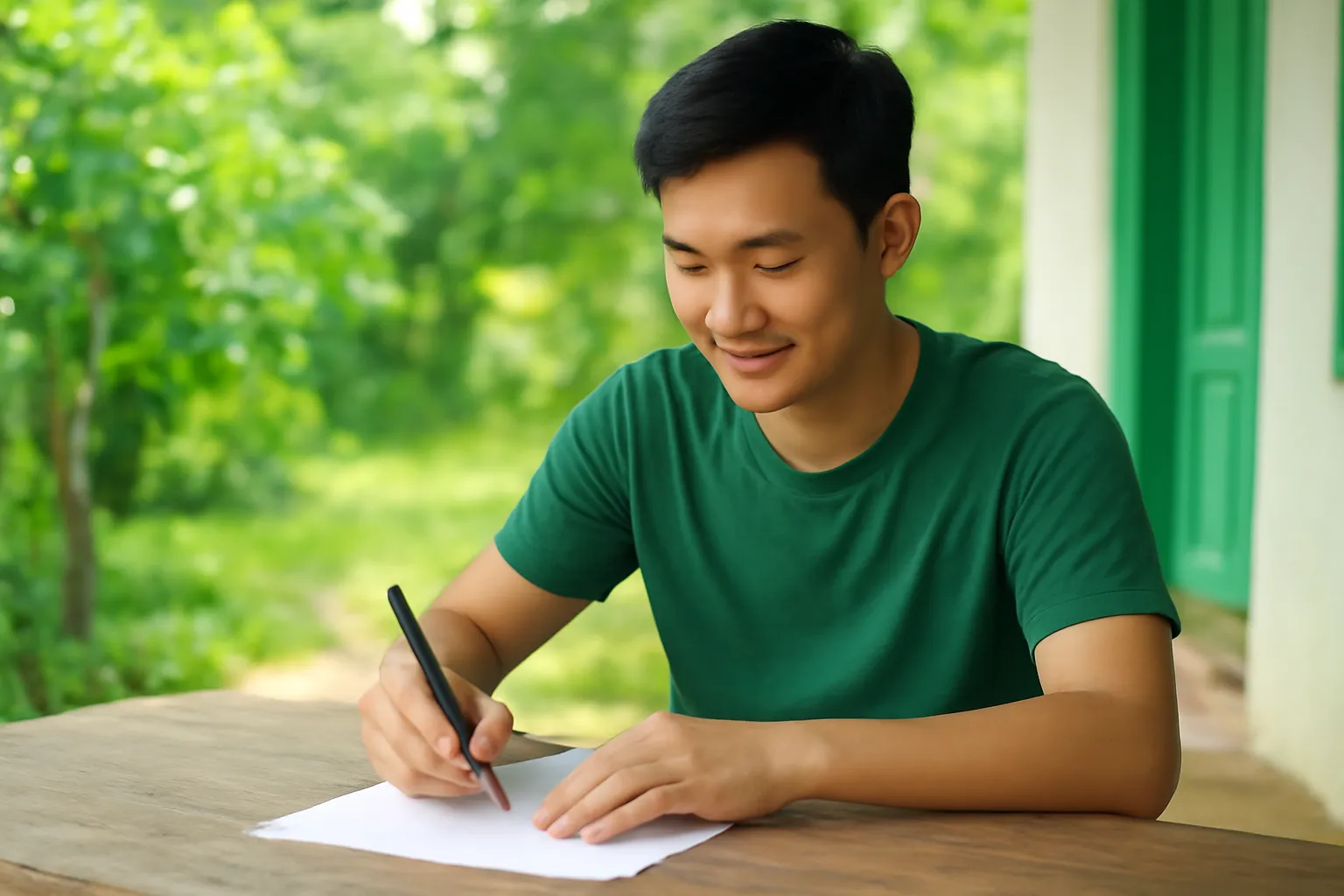 Chàng trai viết tay trên giấy trắng ở bàn gỗ ngoài hiên nhà quê