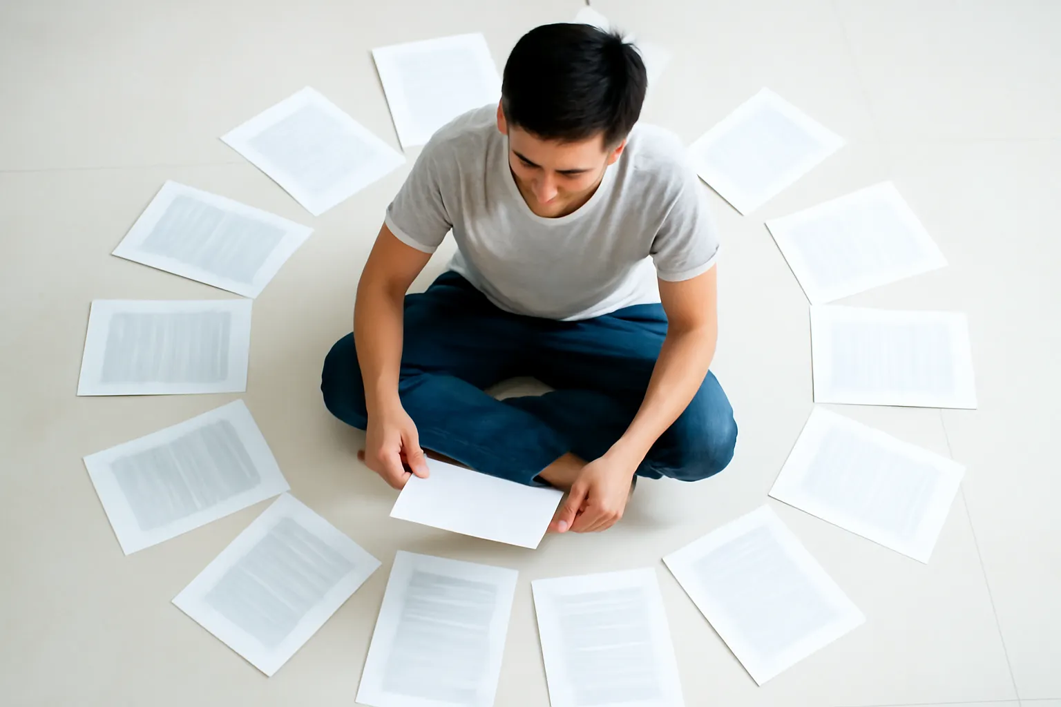 Chàng trai ngồi trên sàn giữa vòng tròn tài liệu in đã gập