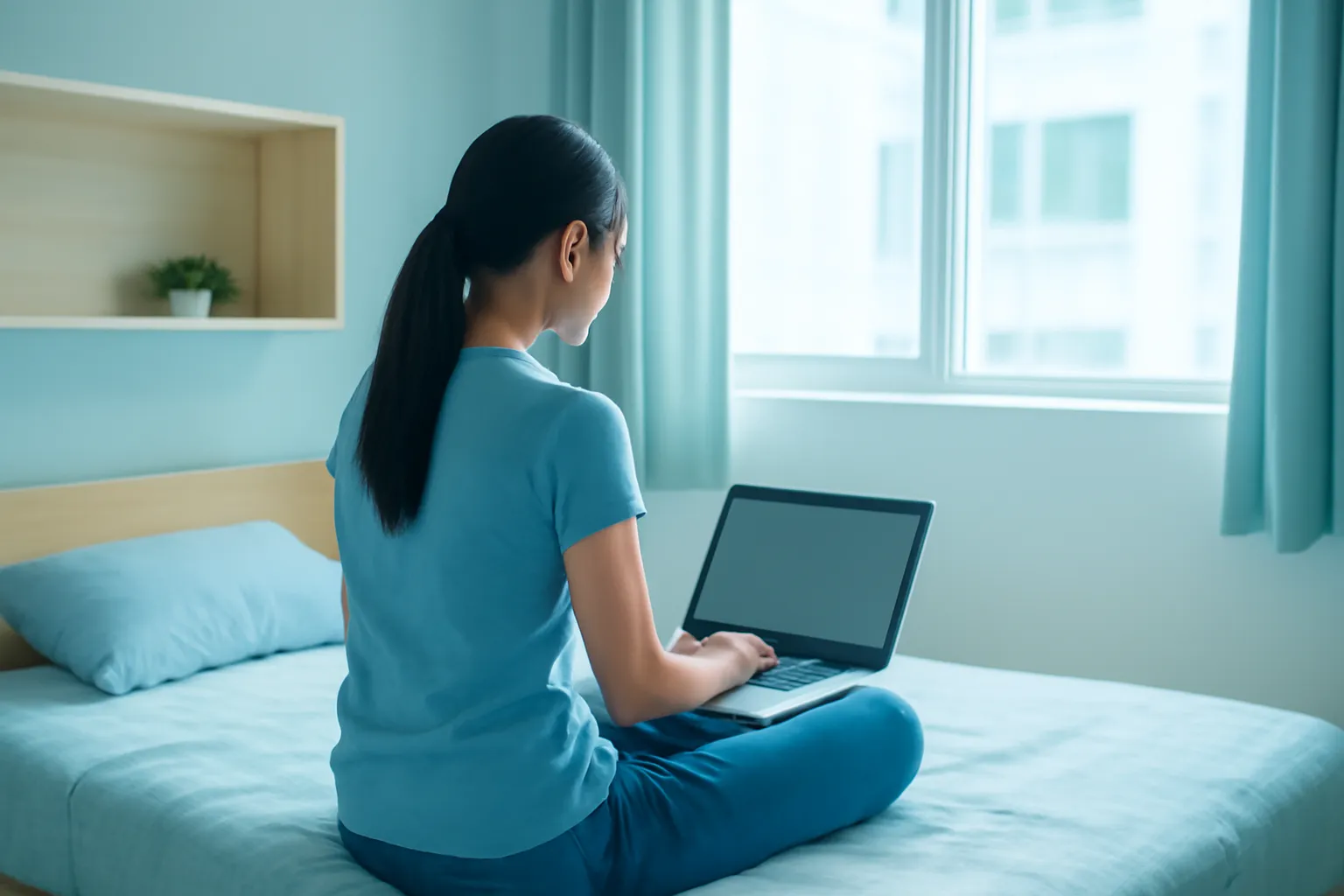 Cô gái ngồi trên giường phòng ký túc xá gõ laptop quay đi lúc sáng sớm